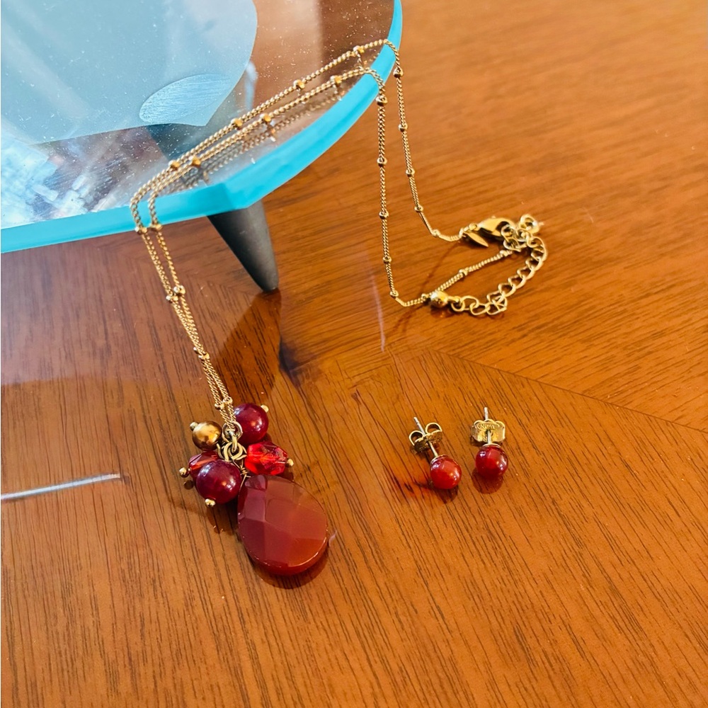Avon Gold-Tone Necklace and Red Bead Earrings Set